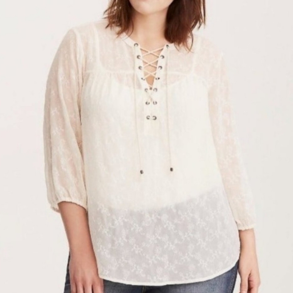 Torrid Sheer Chiffon Lace Up Embroidered  Peasent Blouse